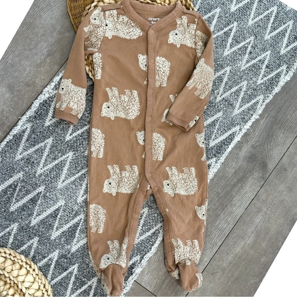 Carter's Brown Bear Patterned Button Snap Baby Boy Footies Size 9 Months Pajamas